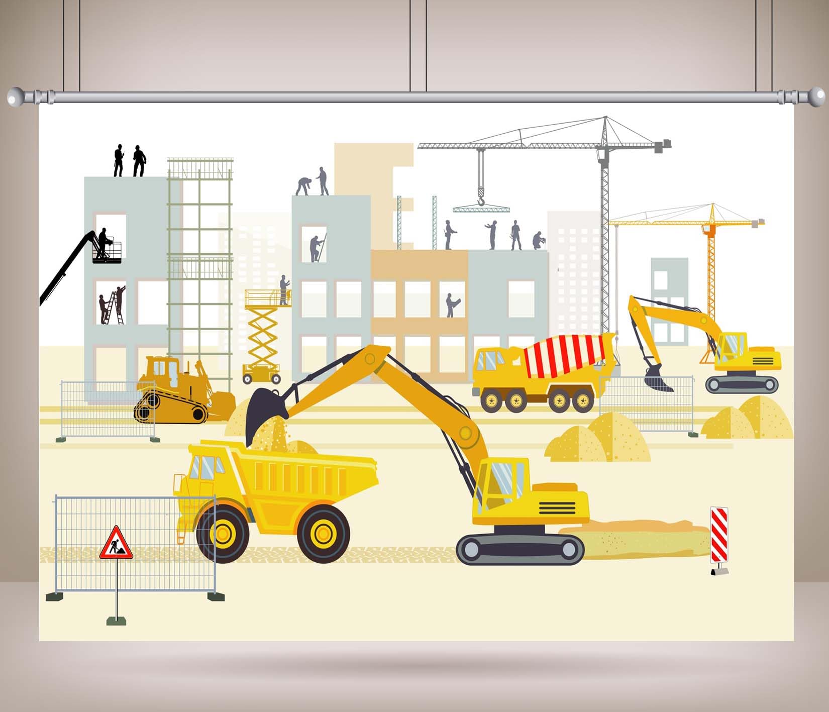 3.6x3m Stoff Cartoon Baustelle Bagger Kran Muldenkipper Arbeiter Silhouette Hintergrund Kinder Baumaschinen Motiv Fotografie Hintergrund für Kindergeburtstag Photo Booth
