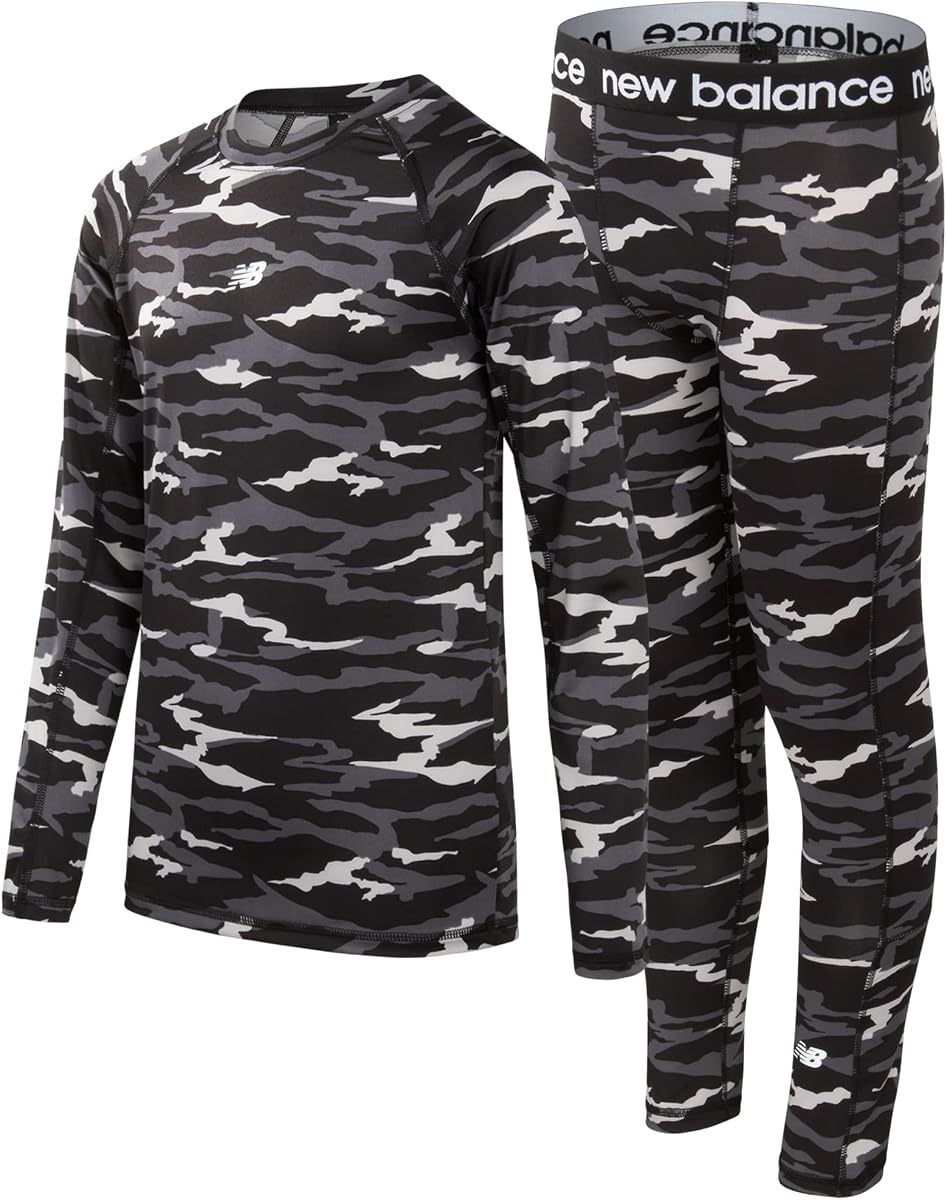 New Balance Conjunto de capa base de 2 piezas para niños, camisa de manga larga y mallas (7-20) | Calor térmico de secado rápido que absorbe la humedad, estiramiento que abraza el cuerpo, ideal para deportes, escuela y juegos en climas fríos