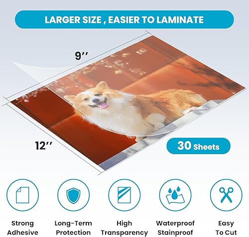 Miniatura 2 de T&W SAME FILM Paquete de 30 hojas de laminación autoadhesivas, capacidad para papel laminado de 8.5 x 11 pulgadas, hojas de laminación de 9 x 12