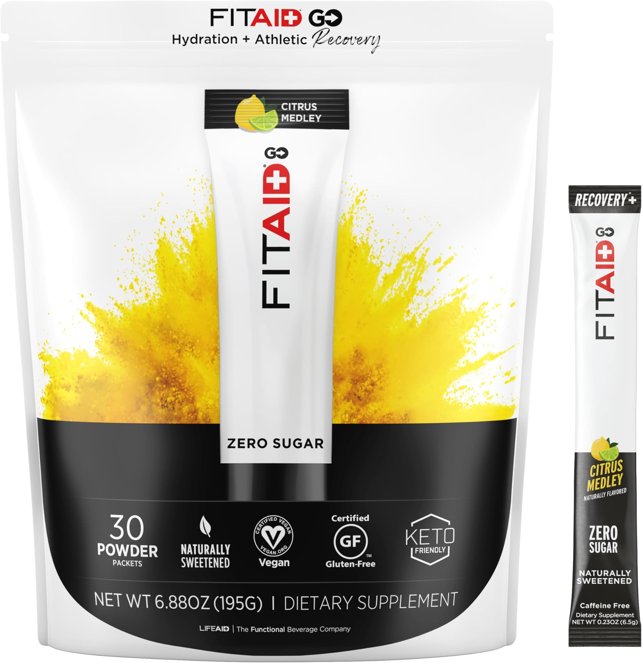 FITAID GO! ZERO SUGAR Recovery + Hydration Packet, W/BCAAs, Glucosamine, Electrolytes, Omega-3s, 100% Clean, Keto-friendly, Vegan & Gluten-Free, 5 calories, Naturally Sweetened, 30 pack