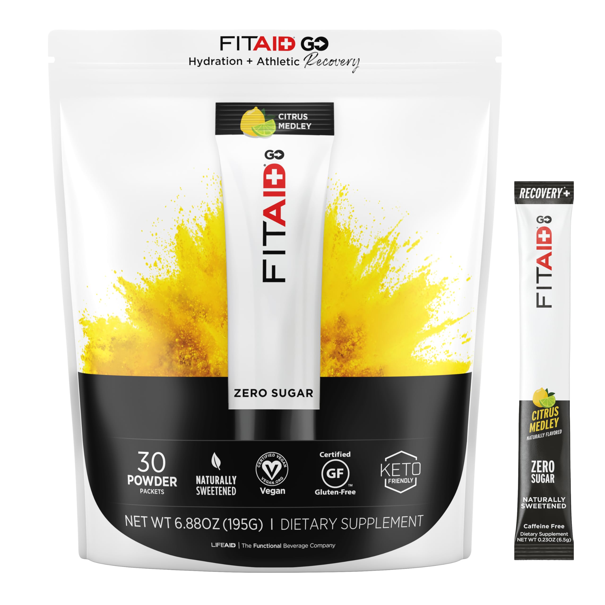 LIFEAID FITAID GO! ZERO SUGAR Recovery + Hydration Packet, W/ BCAAs, Glucosamine, Electrolytes, Omega-3s, 100% Clean, Vegan & Gluten-Free, Naturally Sweetened, 30 Count (Pack of 1) Citrus Medley 30 Servings