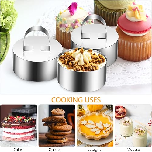 Miniatura 7 de Hemoton Juego de 8 moldes de acero inoxidable para tartas redondas, molde de mousse de acero inoxidable con 8 empujadores, moldes de anillo para