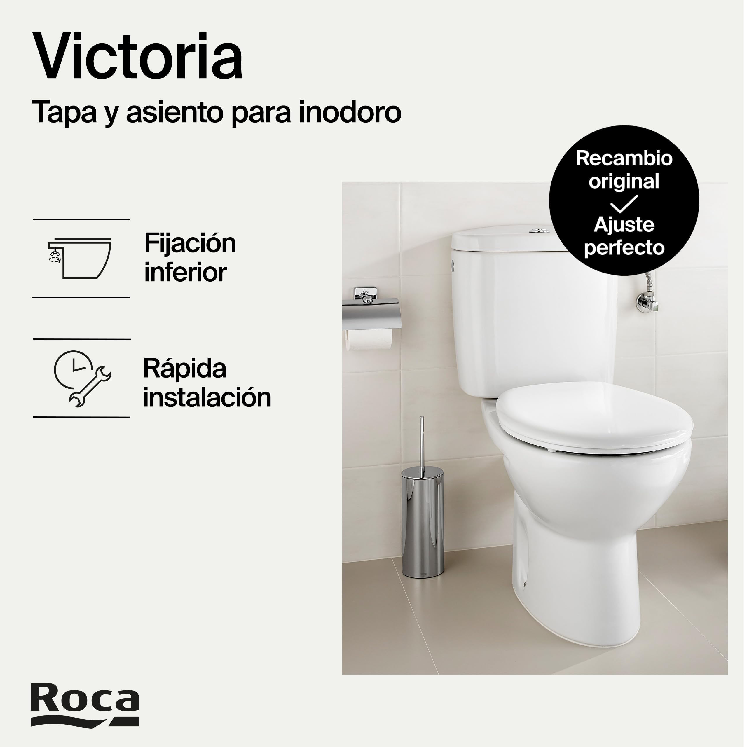 Roca Victoria - Tapa y asiento de plástico para inodoro con bisagras extraíbles, tapadera de WC original con ajuste perfecto, recambio de tapa de váter resistente, blanco, A801398004