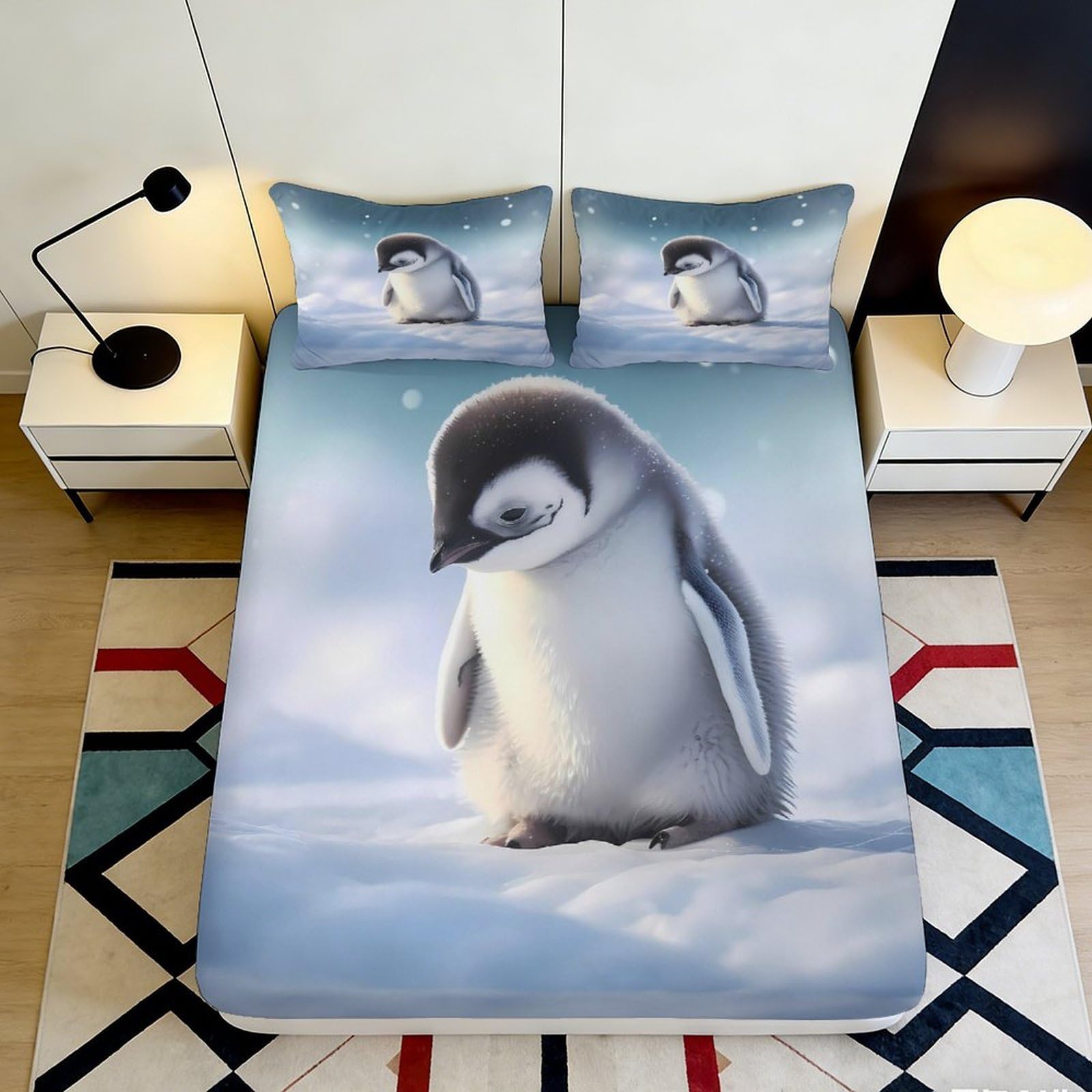 3D Printed Penguin Winter Fitted Sheet Microfiber Soft Breathable Snow Landscape Bed Cover for Bedroom Dorm Decor 90x200x25cm