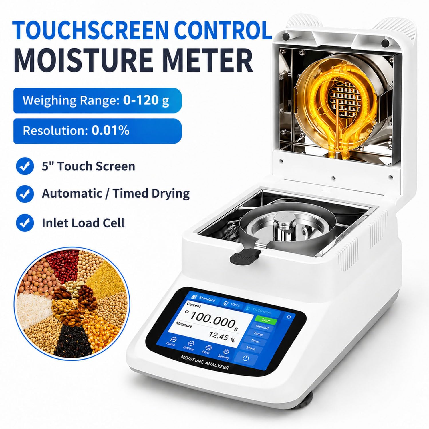 Analizador Digital, 120g, 0,01%, 40-230°C 0.005g | Calentamiento halógeno con apagado automático. Perfecto para cereales y piensos.