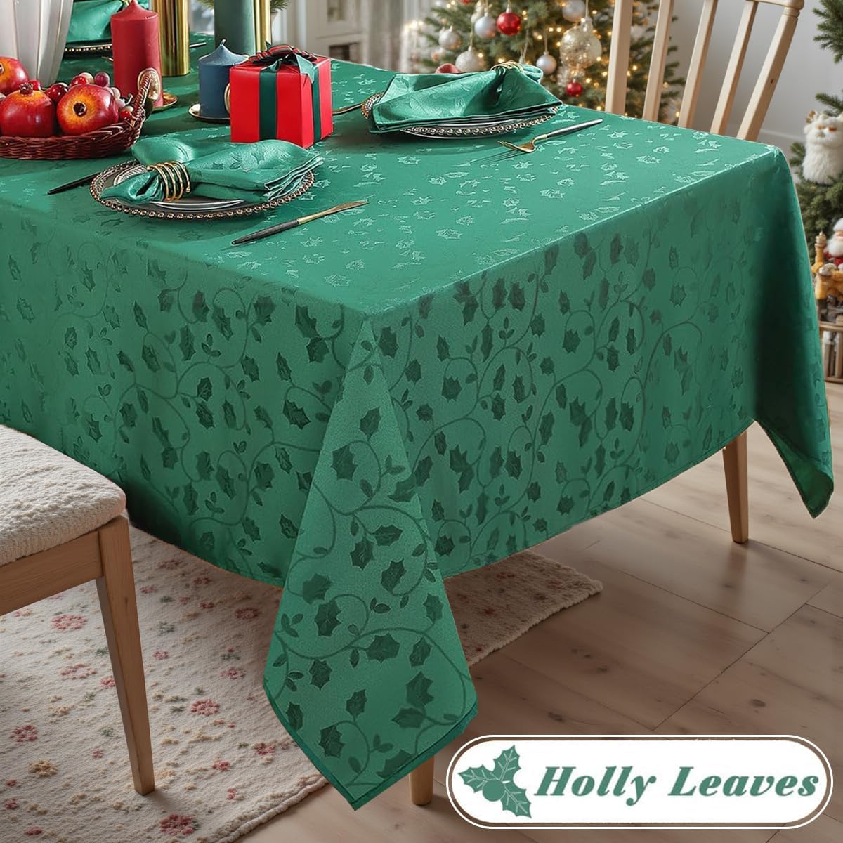 SASTYBALE Christmas Tablecloths for Rectangle Tables, SpillProof Jacquard Holly Berry Leaves Table Cloth, Heavyweight Table Cover for Winter, Holiday, Dinner Decor (Rectangle, 60" x 120", Green)