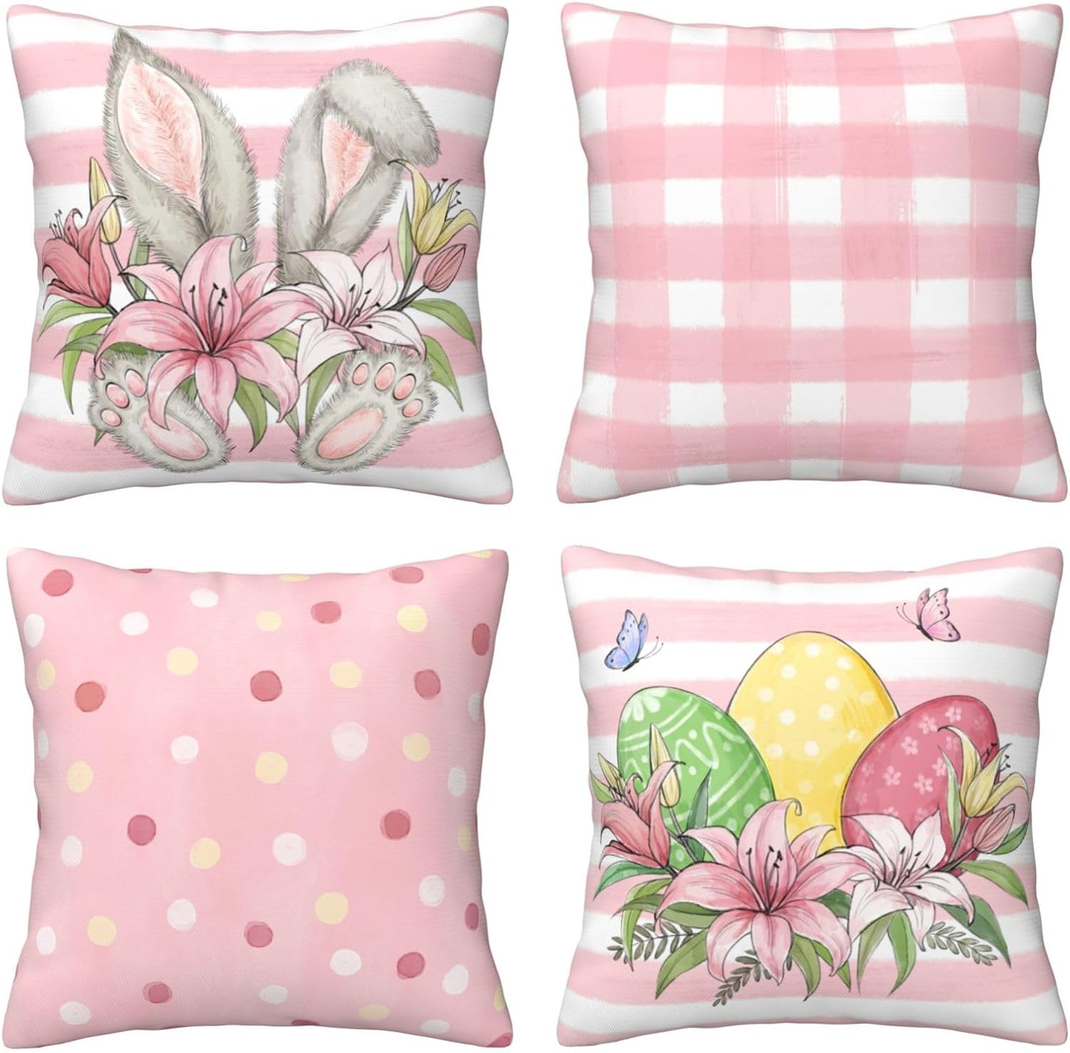 HOSTECCO Pink Easter Throw Pillow Covers 18x18 inch Set of 4 Buffalo Plaid Rabbit Egg Pillow Cases Floral Spring Decorative Cushion Covers for Sofa Couch