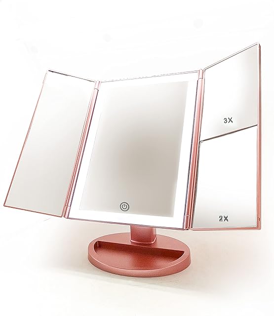 BSpoiled Tri-fold Vanity Mirror in Rose Gold, 21 LEDs and 2X/3X Magnification, Touch Switch for Adjusting Brightness, Dual Power Supply mode Makeup Mirror