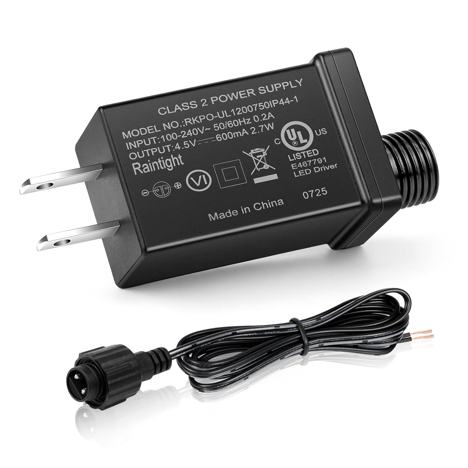 4.5V 0.6A Class 2 Power Supply, IP44 Waterproof Inflatable Power Supply, UL Listed Low Voltage Transformer for Christmas Tree, LED Strip Lights, Holiday Decor Etc