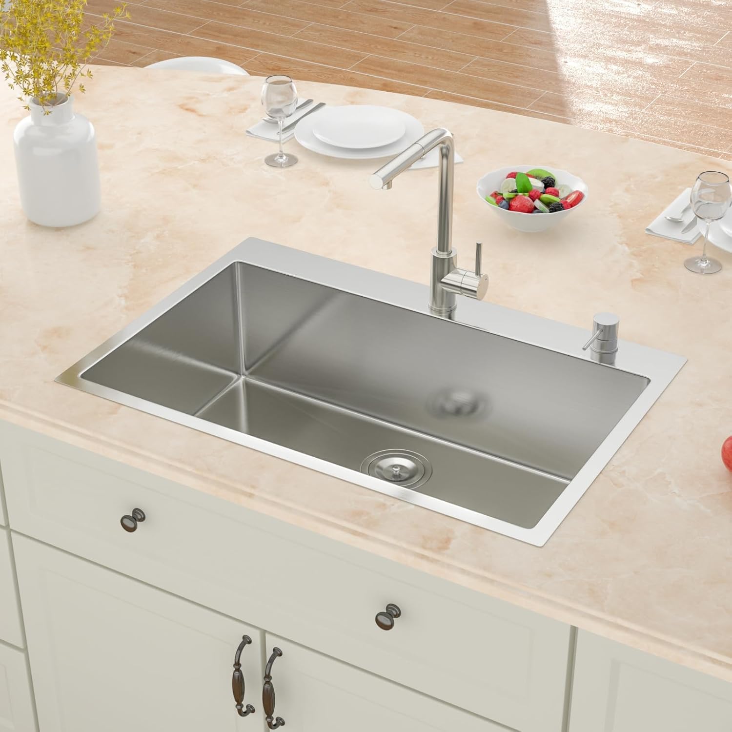 33 Inch Drop In Kitchen Sink - 33x22 Topmount 16 Gauge Stainless Steel Single Bowl Drop In Kitchen Sink 9" Deep Basin with Drain Assembly