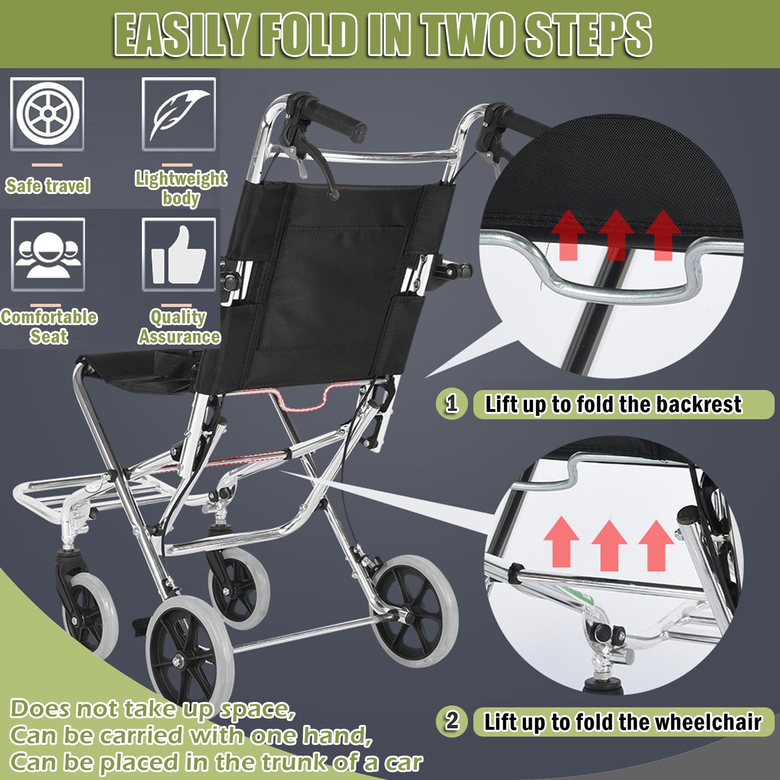Silla de ruedas portátil de tránsito, sillas de ruedas de transporte plegables para adultos y personas mayores, silla de ruedas de aluminio ligera para ancianos,Negro