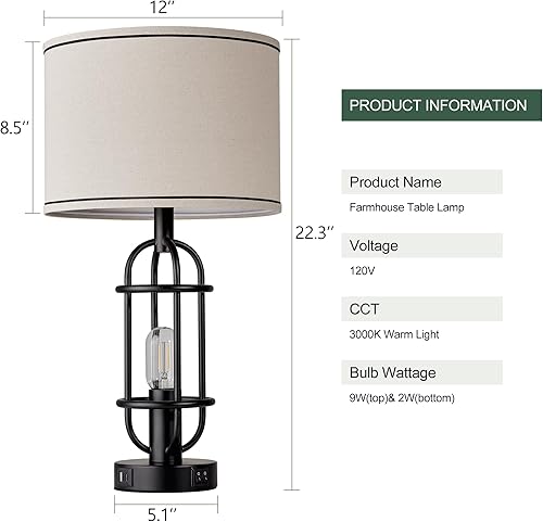 Miniatura 8 de Juego de 2 lámparas de mesa negras para sala de estar, lámparas de granja de 22.3 pulgadas para mesita de noche, lámparas de mesa industriales para