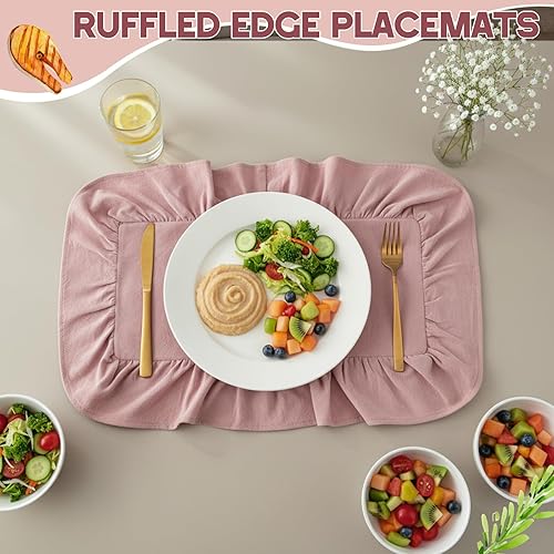 Miniatura 4 de Frienda Juego de 4 manteles individuales rectangulares con volantes, mantel individual festoneado rosa de 13.8 x 17.7 pulgadas, lavable a máquina,