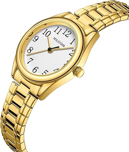 Miniatura 2 de Pequeños relojes dorados para mujer, correa de acero inoxidable expandible dorada, esfera de fácil lectura, resistente al agua. blanco-dorado,dorado