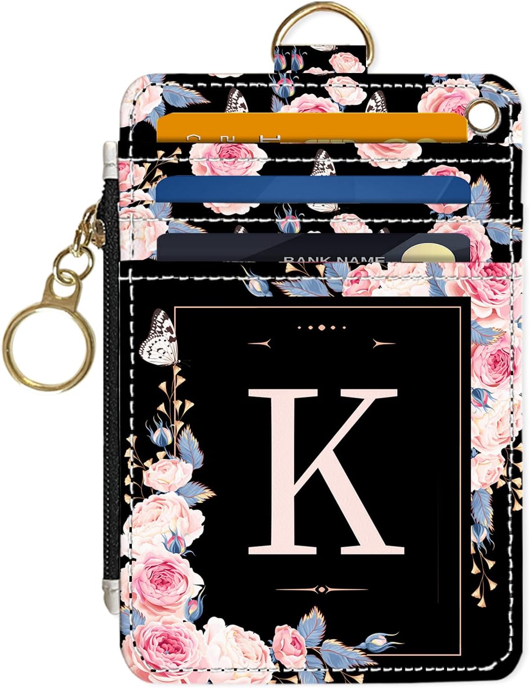 Slim Wallet Credit Card Holder, Initial Letter K, RFID Wallet Women Cute Small Front Pocket Wallet With Zipper, PU Leather Thin travel RFID Blocking Card Case ID Window,Ladies Gifts