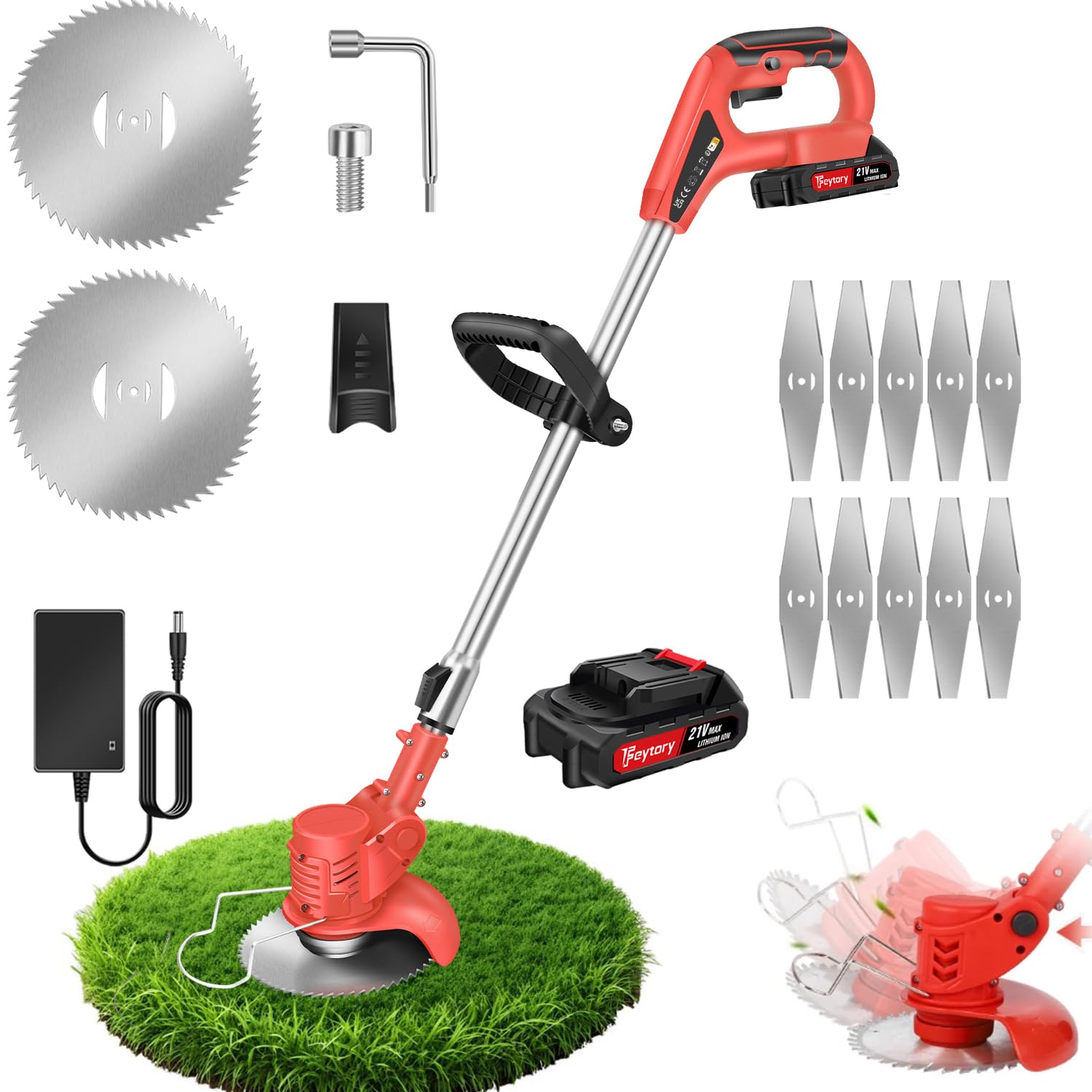 Desbrozadora de césped con batería, 21 V, ángulo de cabeza ajustable, batería recargable de 1500 mAh, mango ajustable de 84 a 120 cm, desbrozadora eléctrica para césped, jardín, poda, color rojo