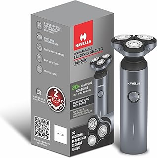 Havells RS7020 3 Head Rotary Shaver with Built in pop-up Trimmer for Wet & Dry Shave; IPX7 Waterproof; Protection from cuts (Grey)