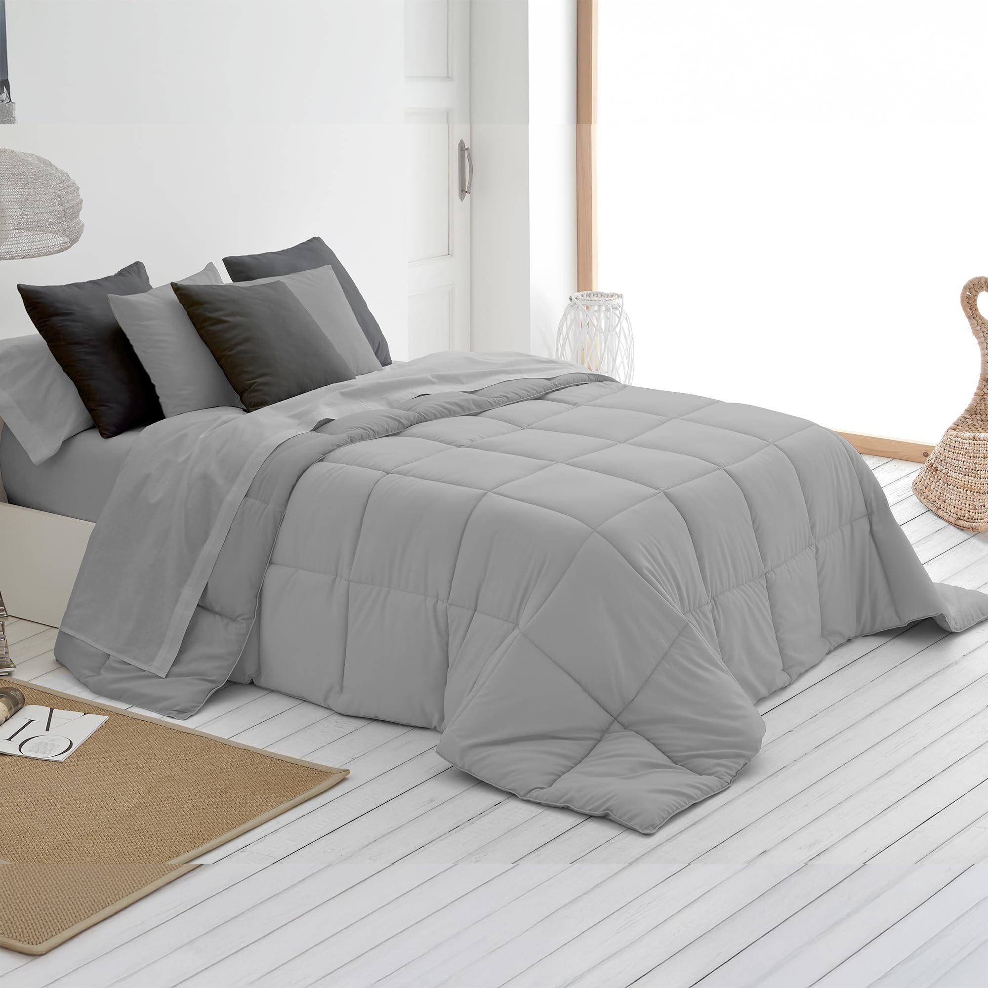 SOMNI HOME Edredón Reversible Nórdico Bicolor Otoño Cama 150/160 cm Duvet Tacto Pluma Microfibra Cálido Comodo Ligero. Cama Doble. Primavera Verano 200 gr. Perla - Gris 250x260