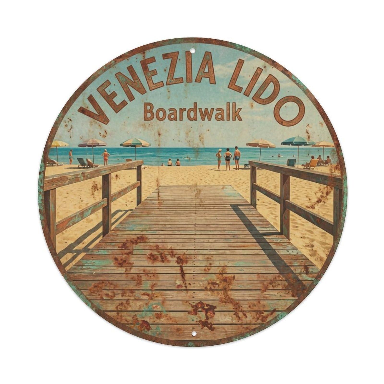 Vintage Travel Lido Di Venezia Italy Boardwalk Metal Tin Sign