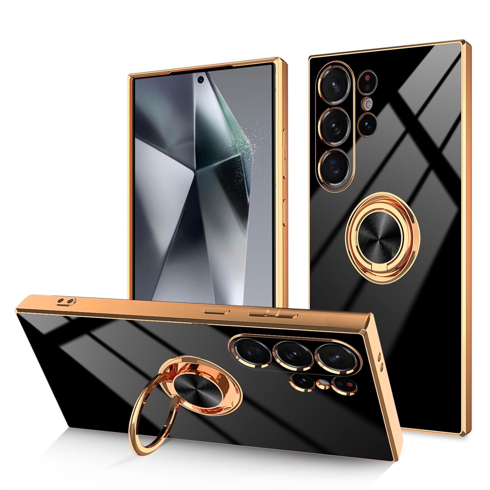 Dinick Black for Samsung Galaxy S24 Ultra Case with Ring Holder Kickstand [with Magnetic] Soft TPU Bumper, Glitter Gold Electroplated Cover Slim Thin