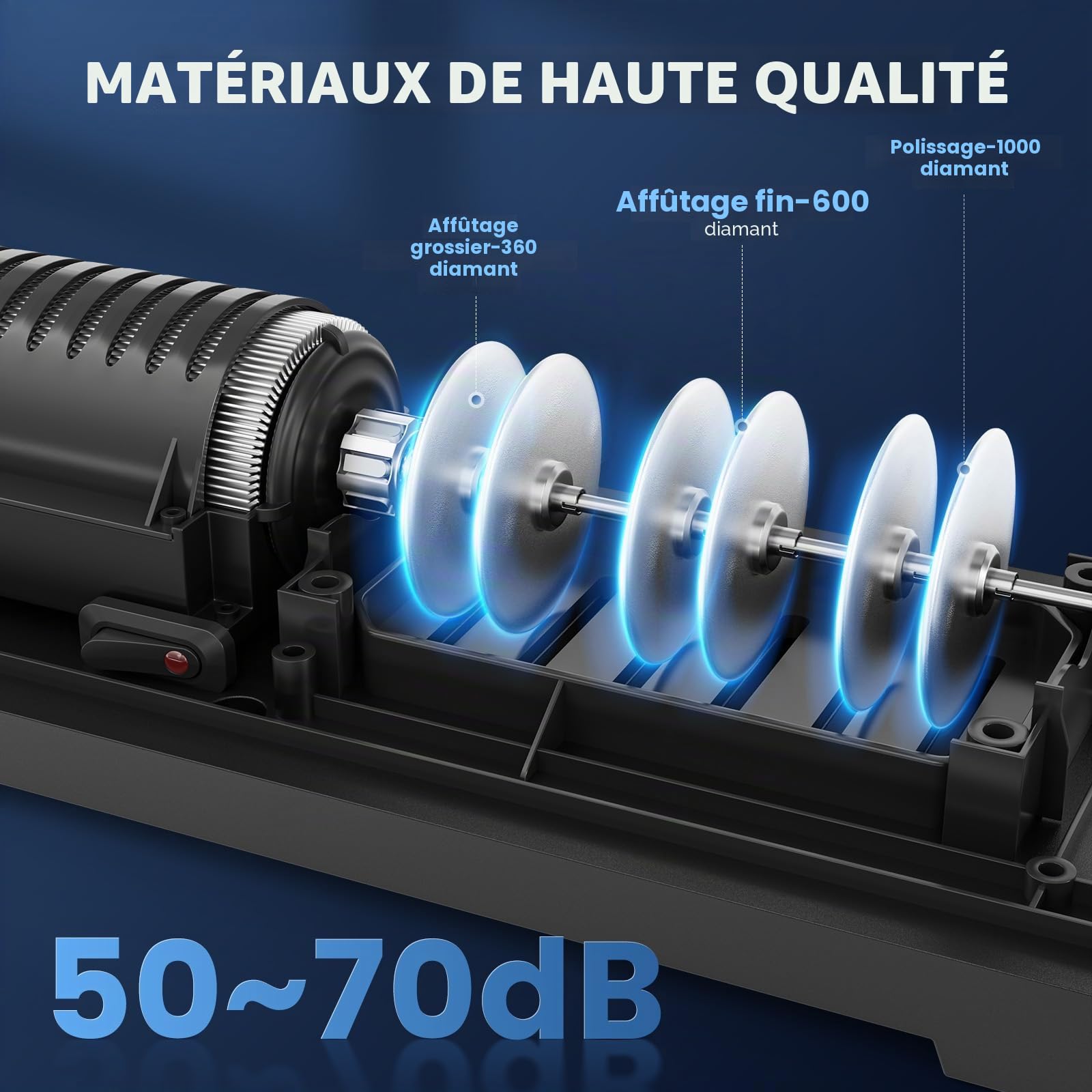 Aiguiseur de couteaux électrique MusyVocay 100% diamant, aiguiseur de couteaux de cuisine professionnel à 3 niveaux et 20 degrés avec guide d'angle de précision pour un affûtage grossier (Argent)