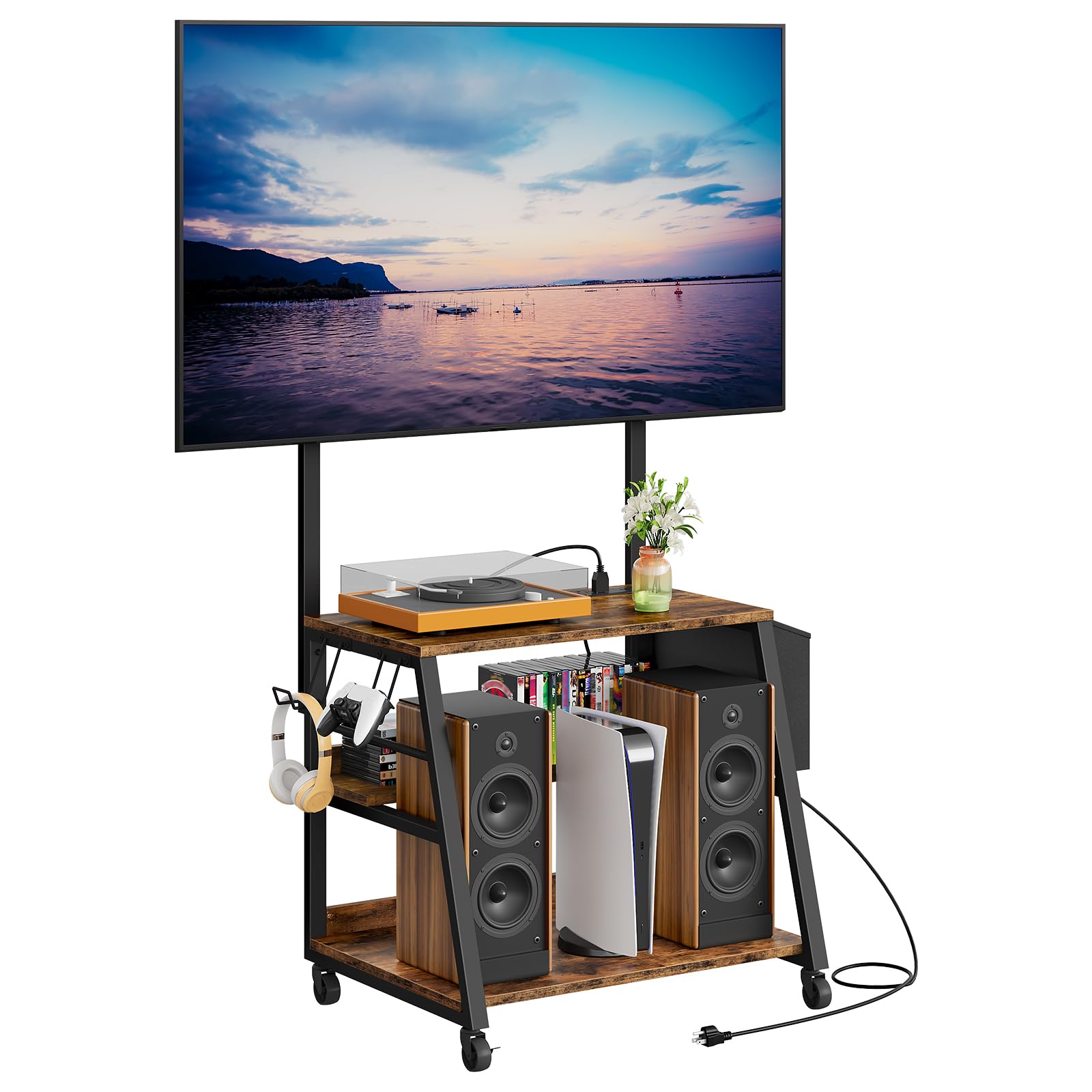 CHOEZON Mobile TV Stand con stazione di ricarica, supporto regolabile e ruote, tavolo console TV rotolante, centro intrattenimento, per TV fino a 75 pollici, ripiano portaoggetti a 3 ripiani, marrone