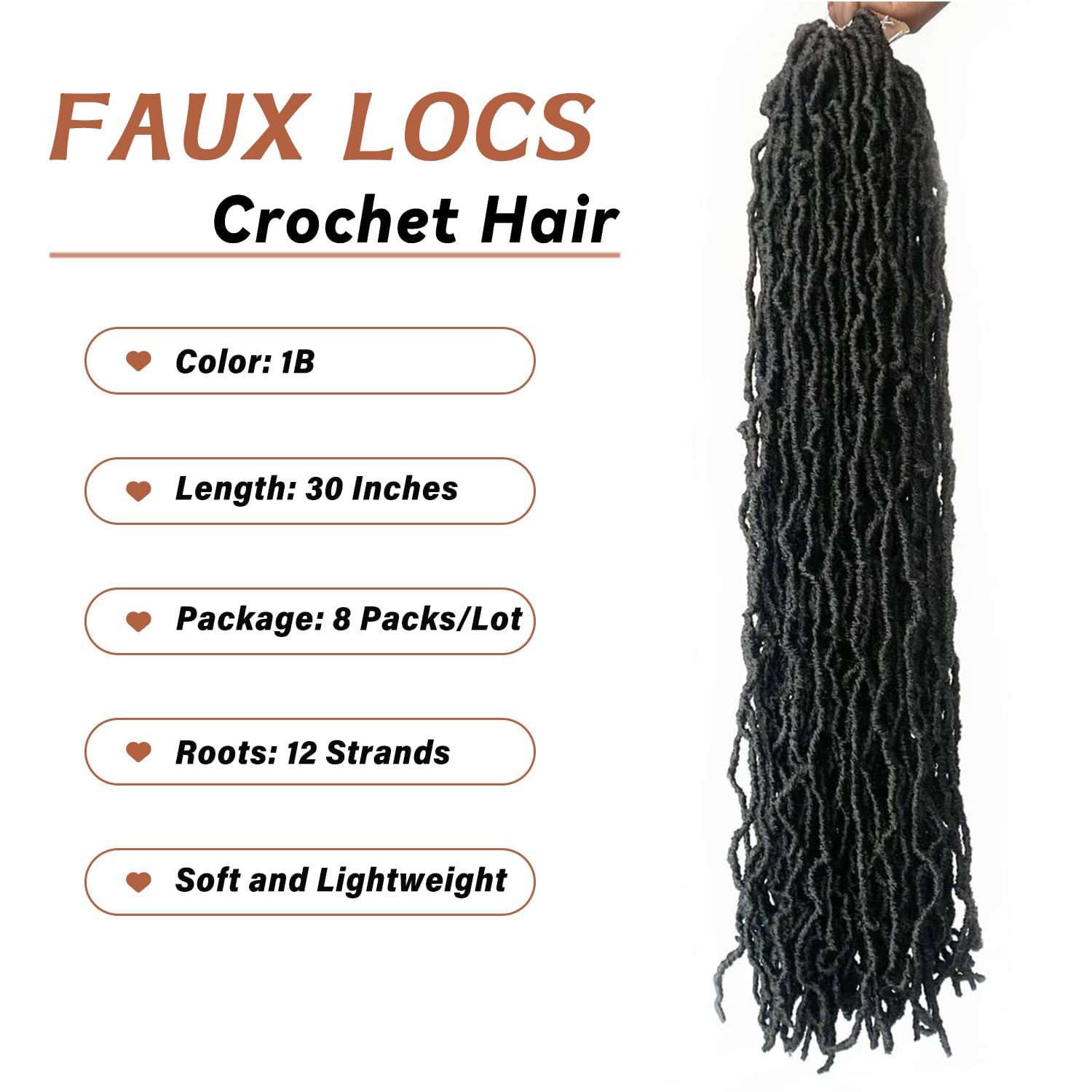 8 Packs Faux Locs Crochet Hair Extensions for Black Women Soft Locs Crochet Braids Hair Extensions (#1B, 30Inch (Pack of 8)) - Image 3