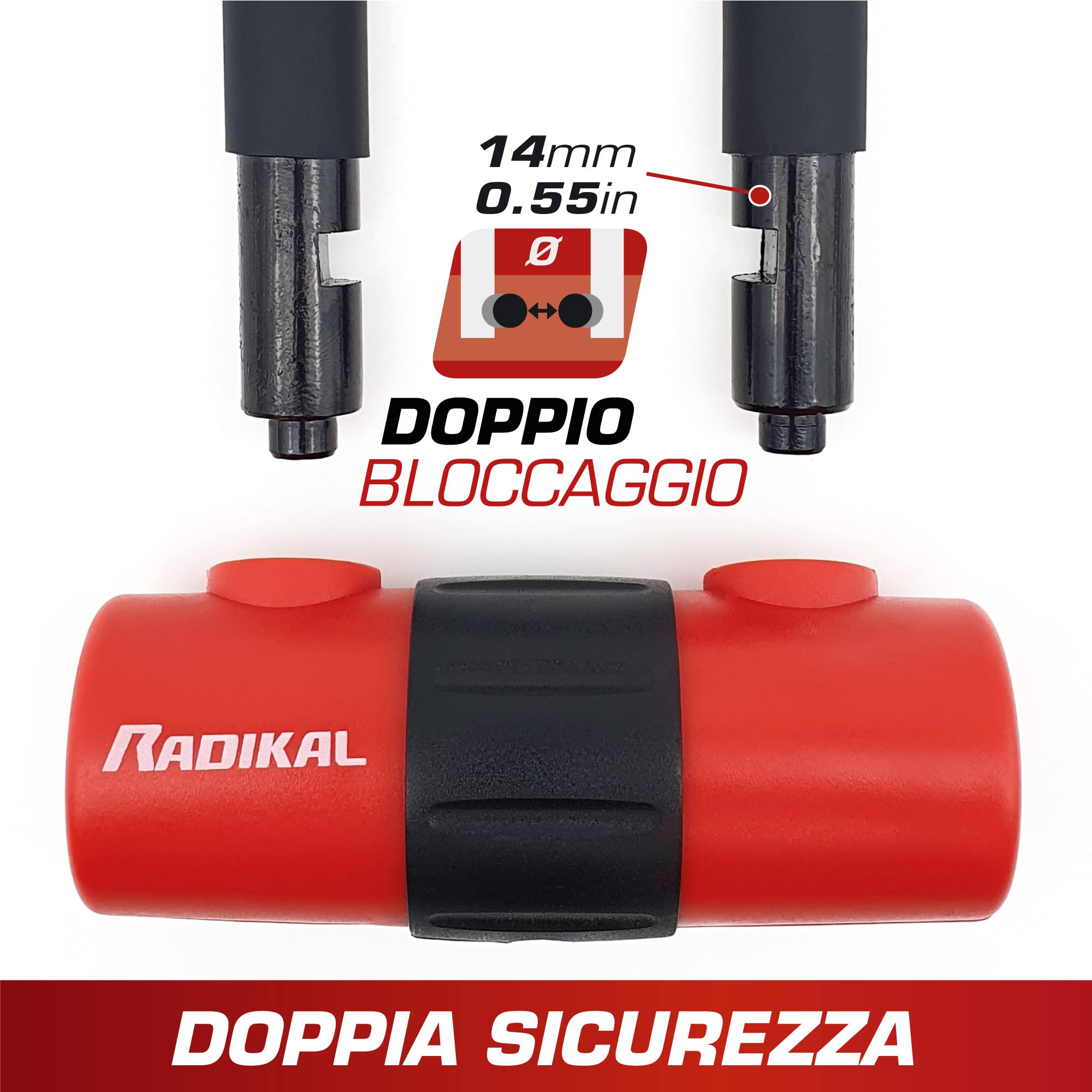 RADIKAL RK72 Lucchetto Antifurto Moto Mini U, Doppia Sicurezza e Doppia Funzione per Disco o Catena, Archetto 14mm e Serratura ad Alta Sicurezza, Cavo Promemoria, Bloccadisco per Moto, Scooter e Bici