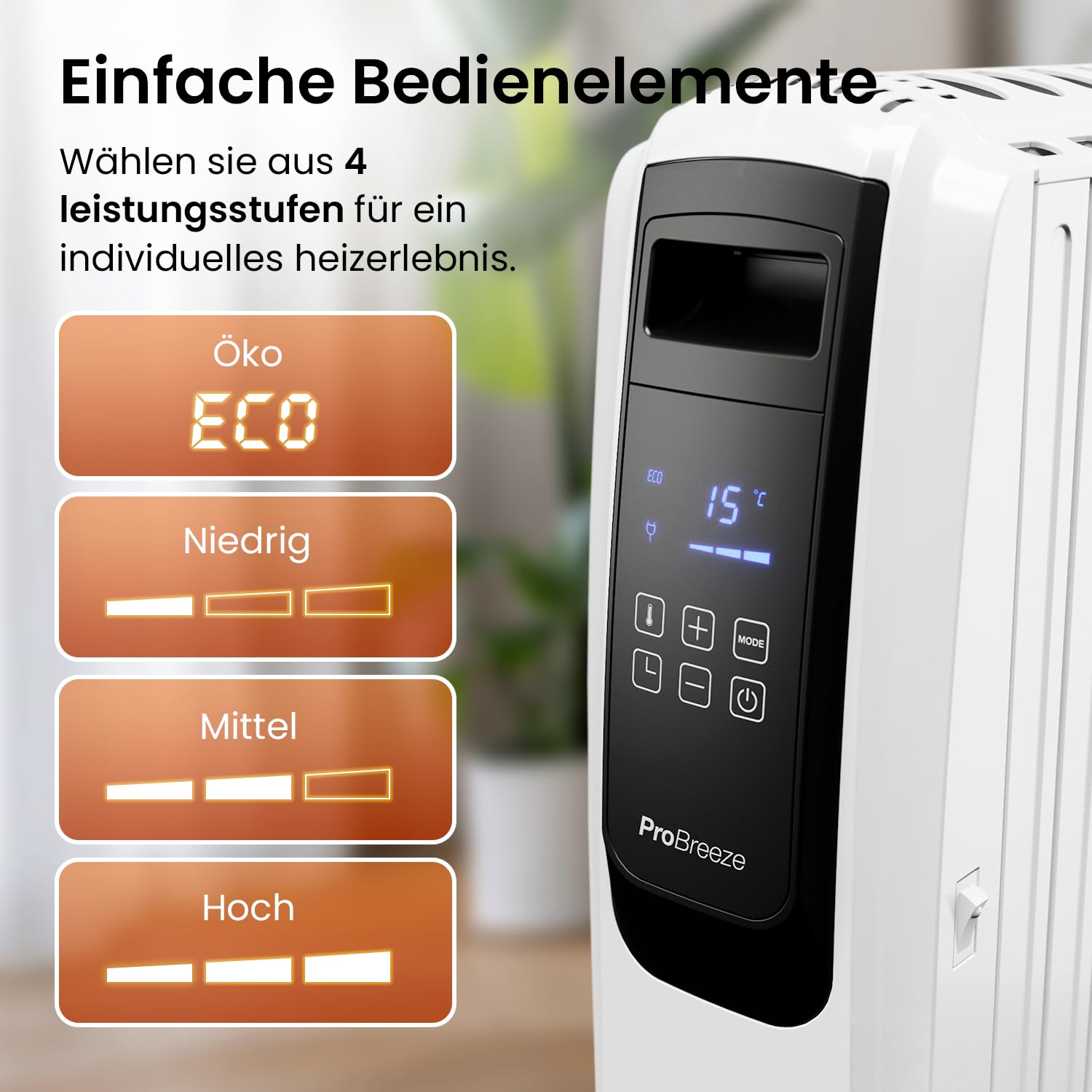 Pro Breeze Premium 2500W Ölradiator energiesparend mit digitalem Display & Fernbedienung - Heizkörper elektrisch mit 10 Rippen, 4 Heizstufen, 24h Timer, Thermostat & Überhitzungsschutz