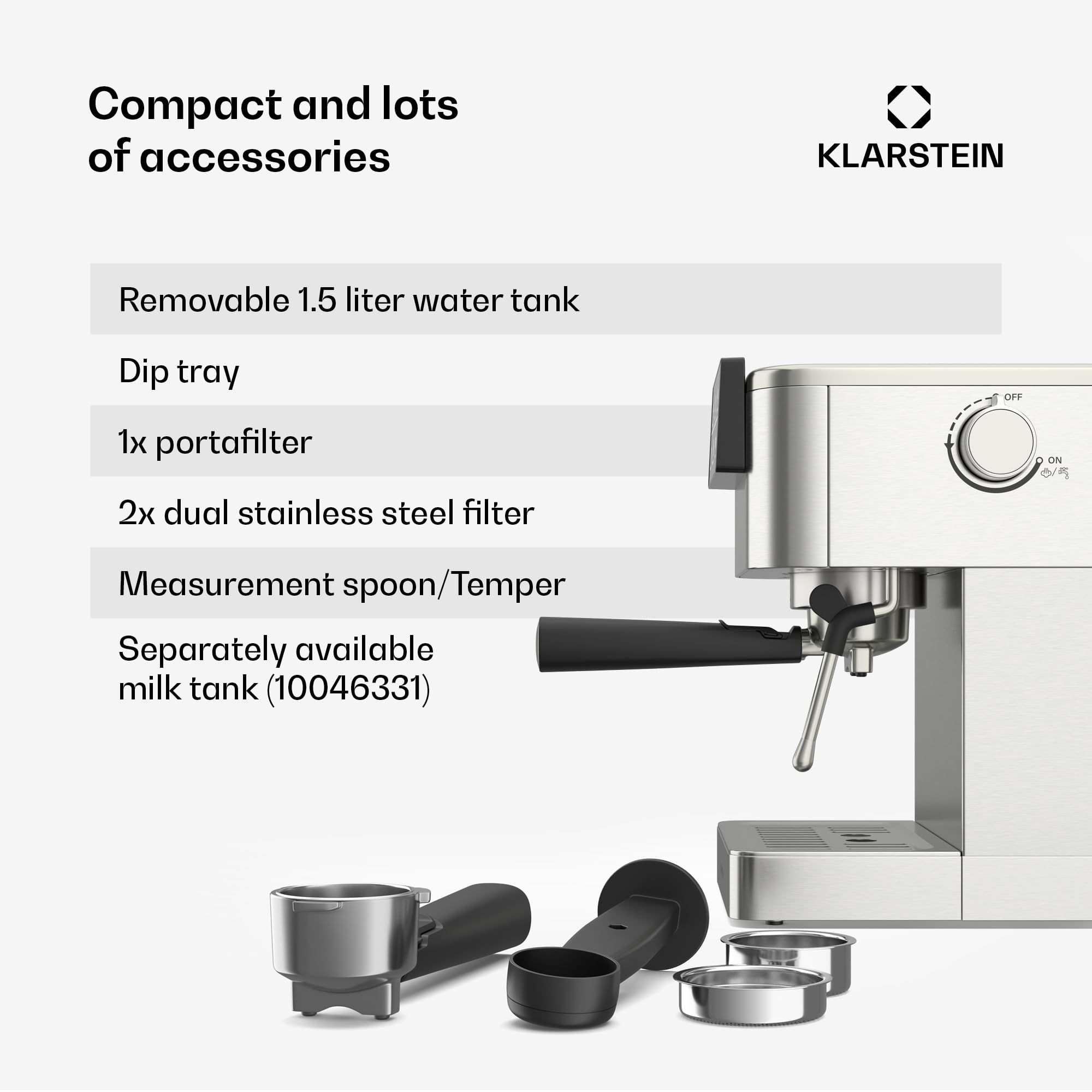 Klarstein SteelPresso Touch ekspres do sitka, 20 barów, 1350 W, stal nierdzewna, zbiornik na wodę 1,5 l, wyświetlacz dotykowy, zintegrowany spieniacz do mleka, kompaktowa konstrukcja, ekspres do kawy