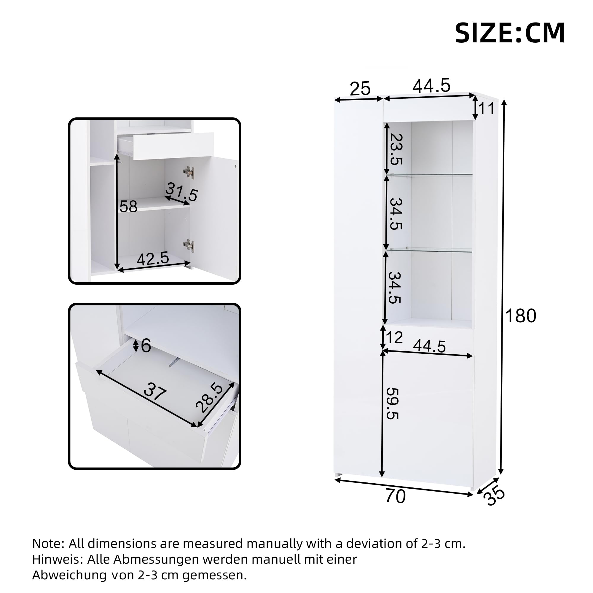 Wiuzo Vetrina con cassetti, 70 x 35 x 180 cm, lucida, vetrina in vetro con illuminazione a LED, mobile alto, con armadio, vetrina, portata consigliata: 45 kg