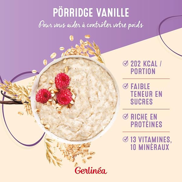 GERLINÉA – Porridge Saveur Vanille – Flocons d’Avoine Complets & Son d’Avoine – Idéal pour un Petit-Déjeuner Complet – Source de Fibres – 5 Portions – 275 g - 2