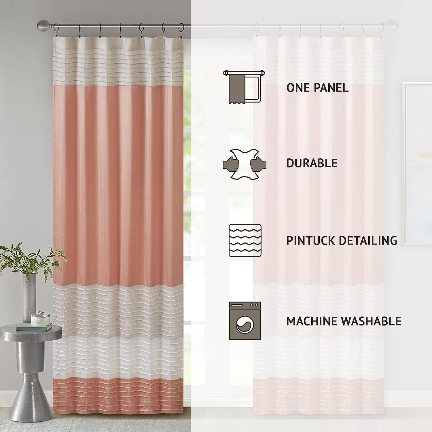 Madison Park Window Curtain Single Panel Faux Silk, Elegant Pleats, Rod Pocket Curtains for Living Room Privacy, Room Darkening Window Curtain for Bedroom and Dorm, Amherst, 50x84", Coral