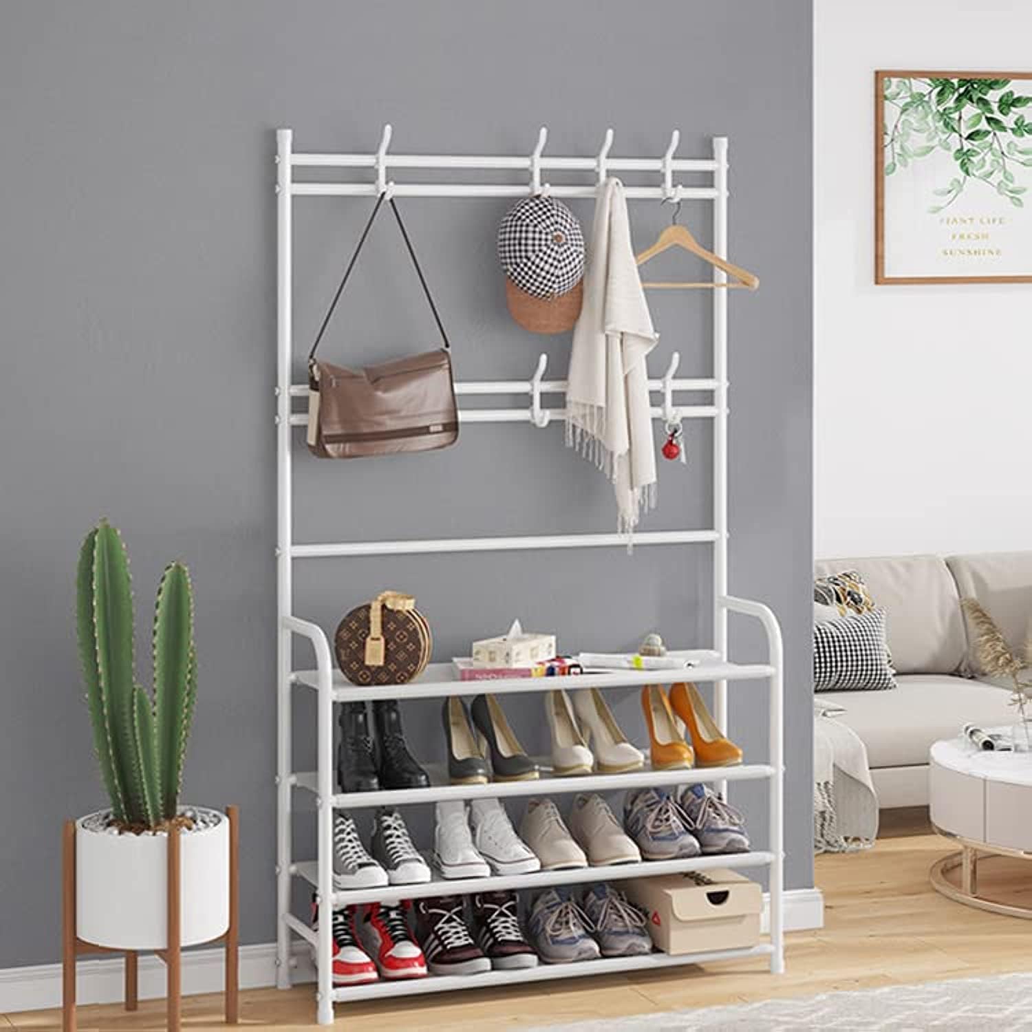Toshionics Multifunctional Entryway Coat Rack 5 Tier 3 in 1 Hall Tree Shoes Bench with Keys Hat Umbrella Stand Storage Shelves with 8 Hooks Hanger 5 Bottom Layer Organizer (White)