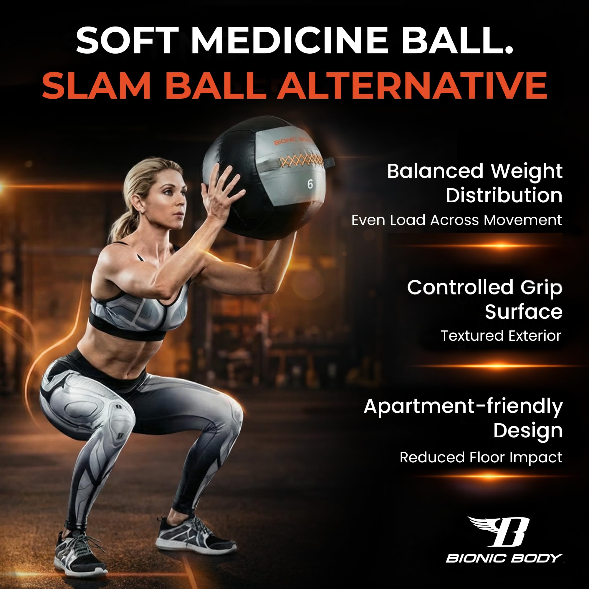 Bionic Body Soft Medicine Ball Weighted Slam Wall Ball for Cardio Workout and Core Training Ideal for Squat, Lunge, and Partner Toss 6, 10, 14, 20 LB.