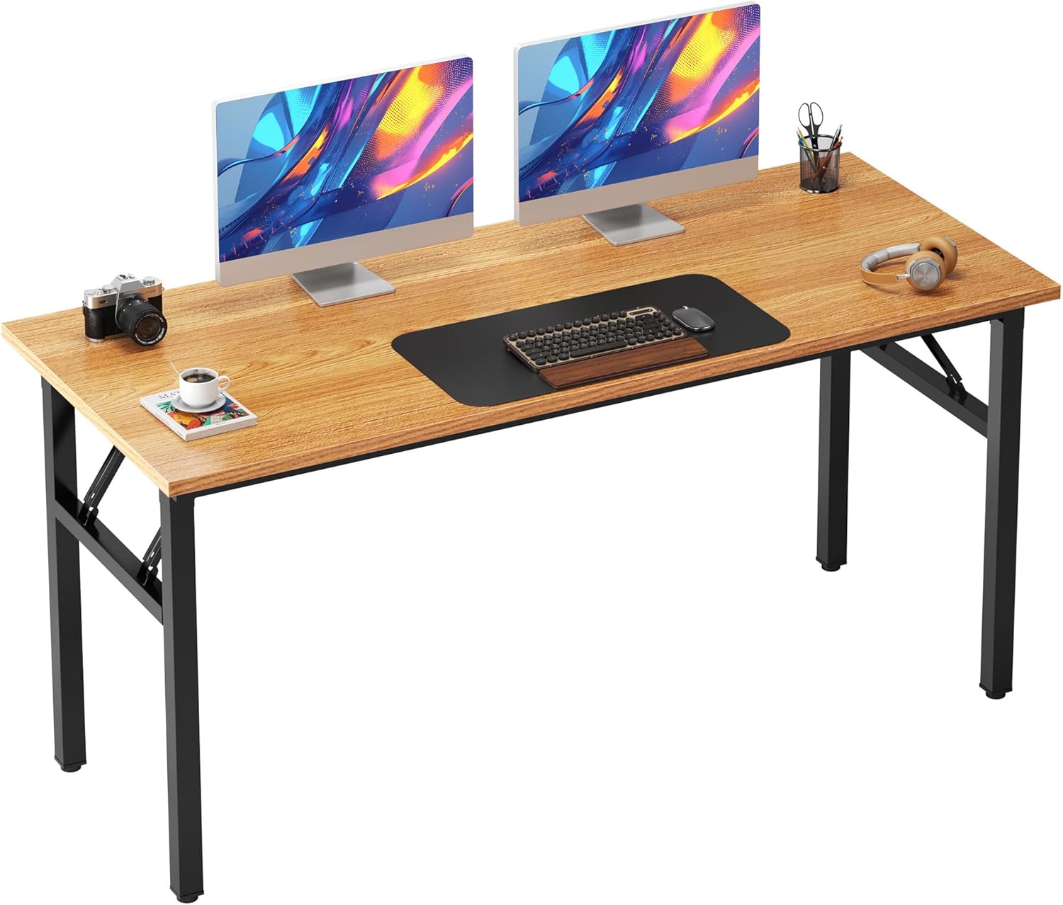Need Folding Desk, 54 inch Large Computer Desk for Home Office, No Install Needed Study Student Writing Table Desk Workstation, Teak Black 54 inches Teak & Black