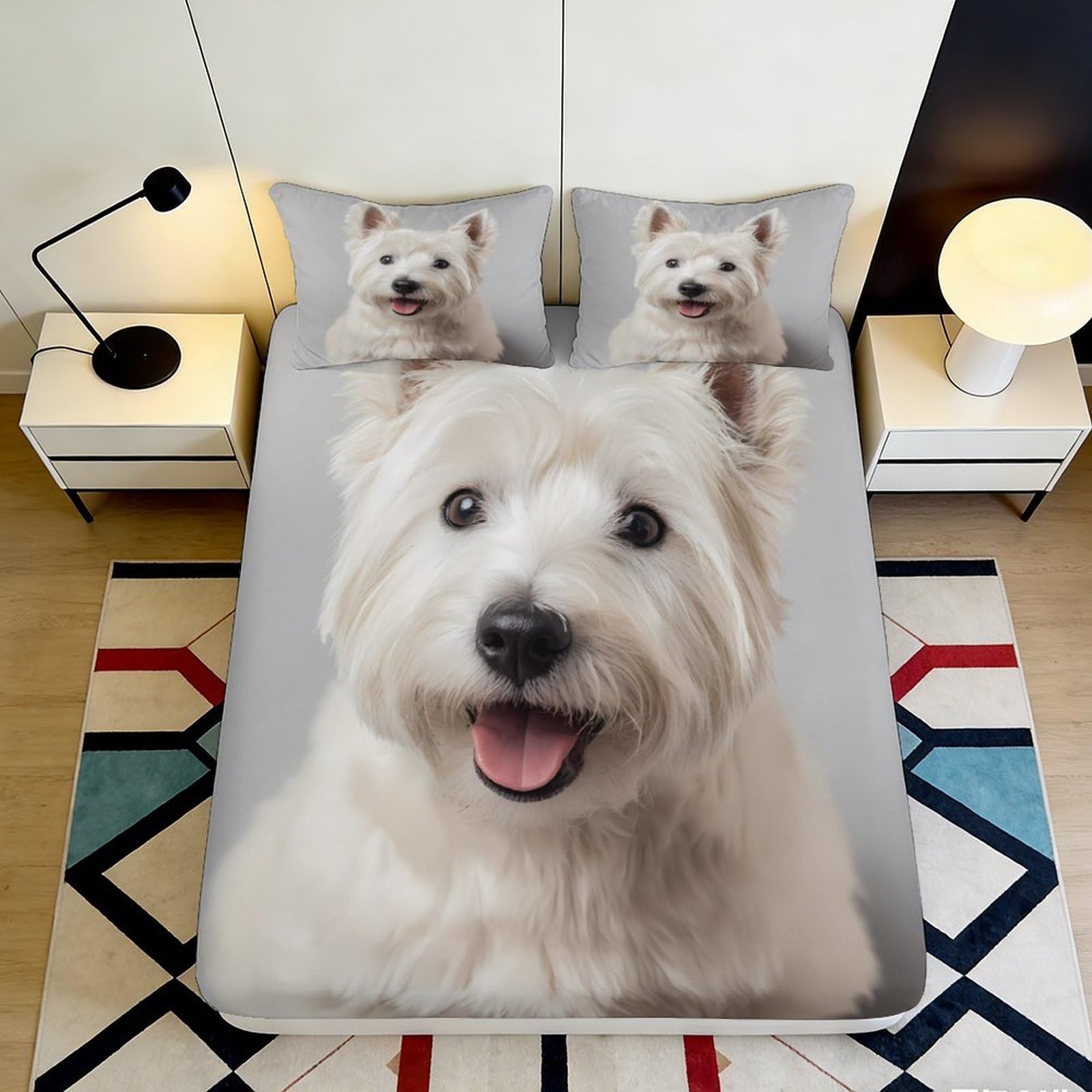 3D Printed White Westie Dog Fitted Sheet Microfiber Anti-Slip Bed Cover for Bedroom Guest Room Machine Washable 200x200x25cm