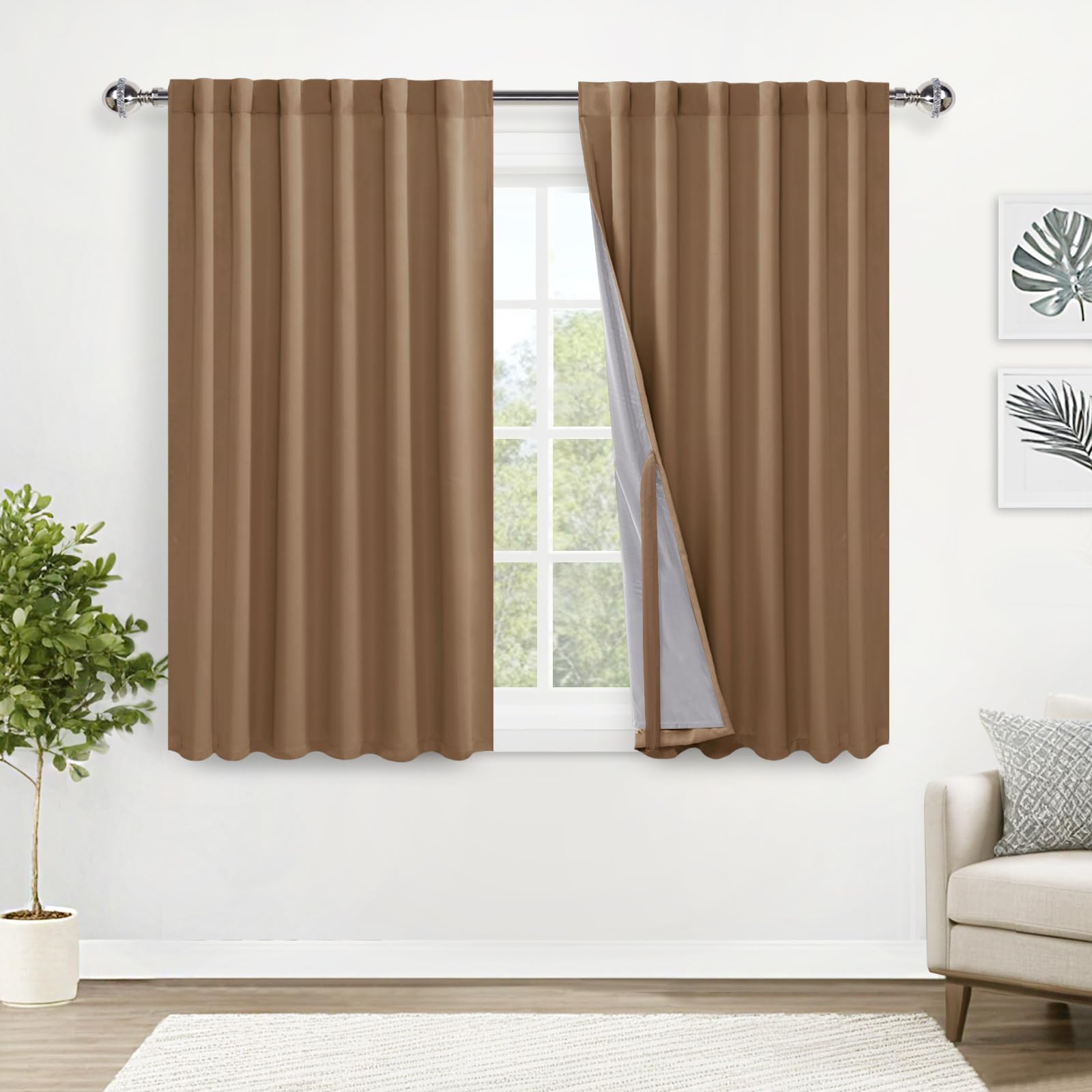 XWZO 100% Blackout Curtains 2 Panels - Heat and Full Light Blocking Thermal Insulating Back Tab & Rod Pocket Bedroom Curtains with Tiebacks for Nursery Rideaux, Cappuccino, W52 x L54
