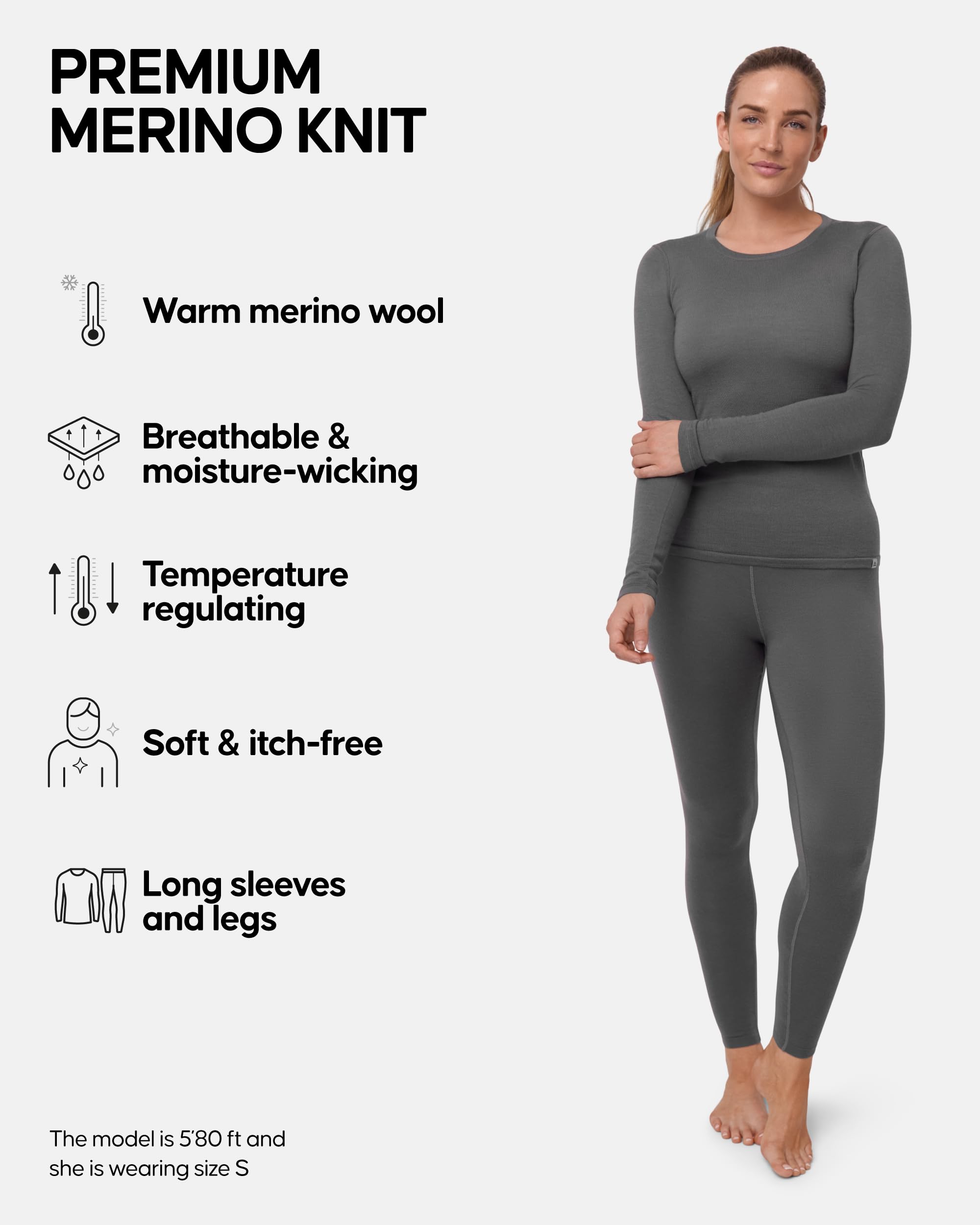 DANISH ENDURANCE Merino Wool Base Layer Set Women, Top and Bottom Set, Thermal Underwear for Womens, Tights, Long Sleeve