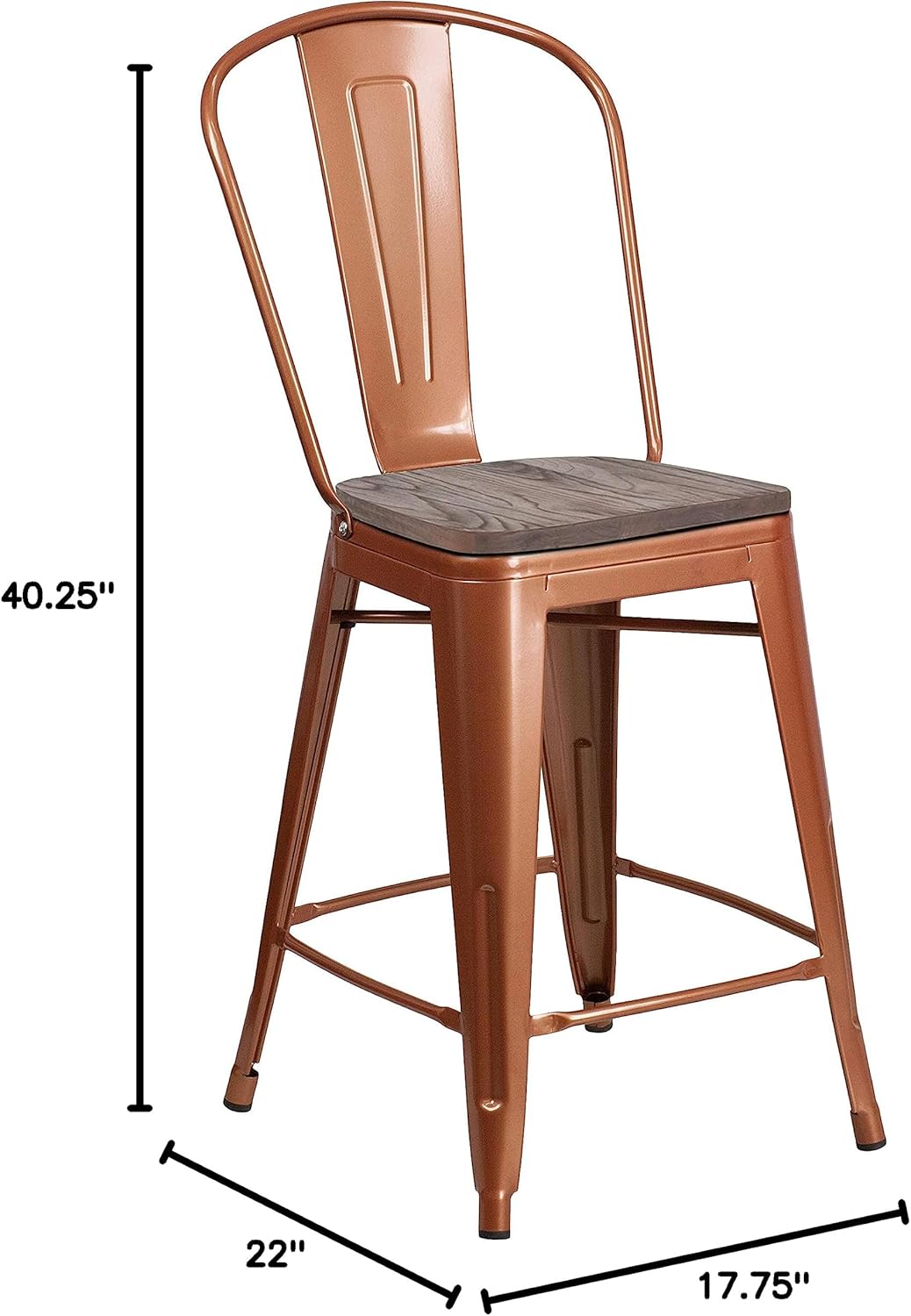EMMA + OLIVER 24" H Copper Metal Counter Height Stool with Back and Wood Seat
