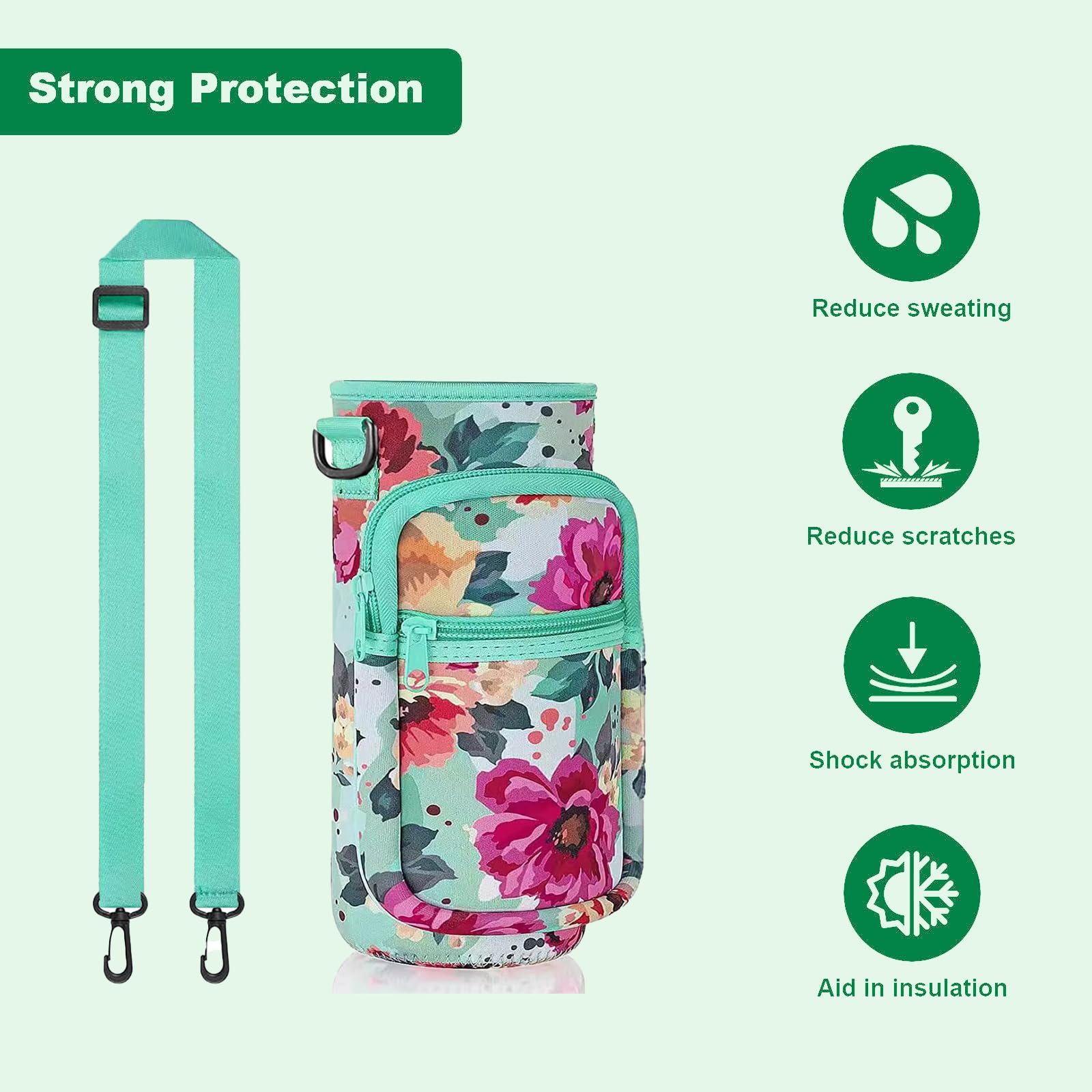 Wasserflaschenhalter mit Gurt, isolierte Wasserflaschen-Tragetasche mit Handyfach für Spaziergänge, Wandern, Camping, Angeln (8,9 cm B x 22,9 cm H) (Blumengrün)