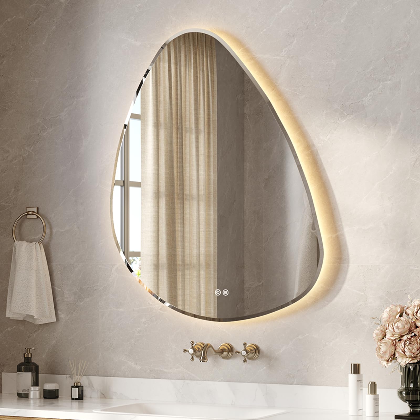 USHOWER LED Bathroom Mirror, 38"x48" Irregular Vanity Mirror with Lights for Bathroom, Backlit, Wall Mounted, Anti-Fog, 3 Colors and Dimmable Light,