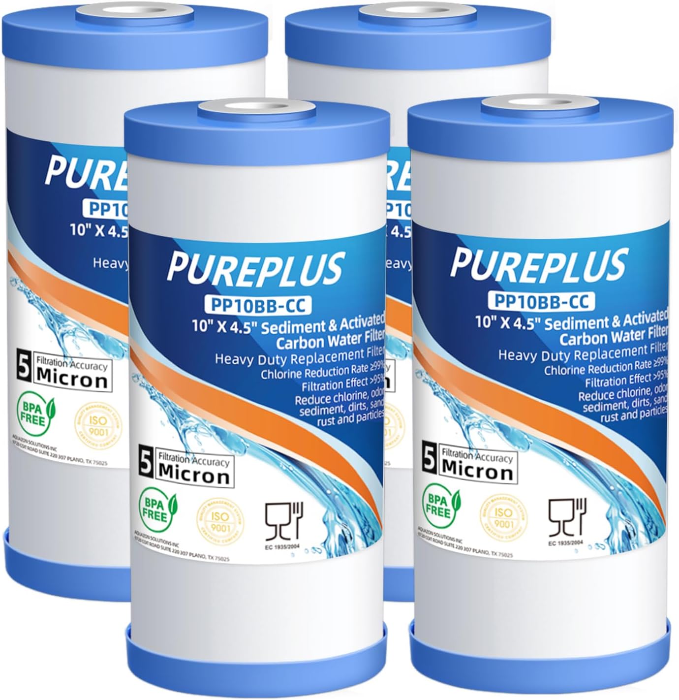 PUREPLUS 5 Micron 10" x 4.5" Whole House FXHTC Sediment and Carbon Water Filter Replacement Cartridge for GXWH40L, GXWH35F, GNWH38S, RFC-BBSA, WRC25HD, PP10BB-CC, RFC-BB, WFHD13001, 4Pack 4 Count (Pack of 1)