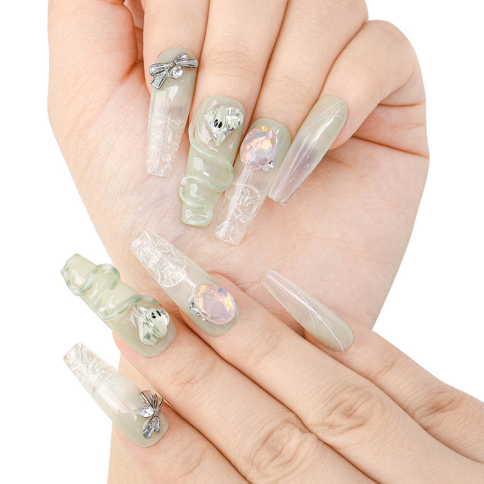 Bara lunga Chiodi a pressione Strass Gradiente Unghia finta Farfalla Rosa Unghie finte Brillantini Cristalli Unghie con colla riutilizzabile per donne e ragazze 10Pz