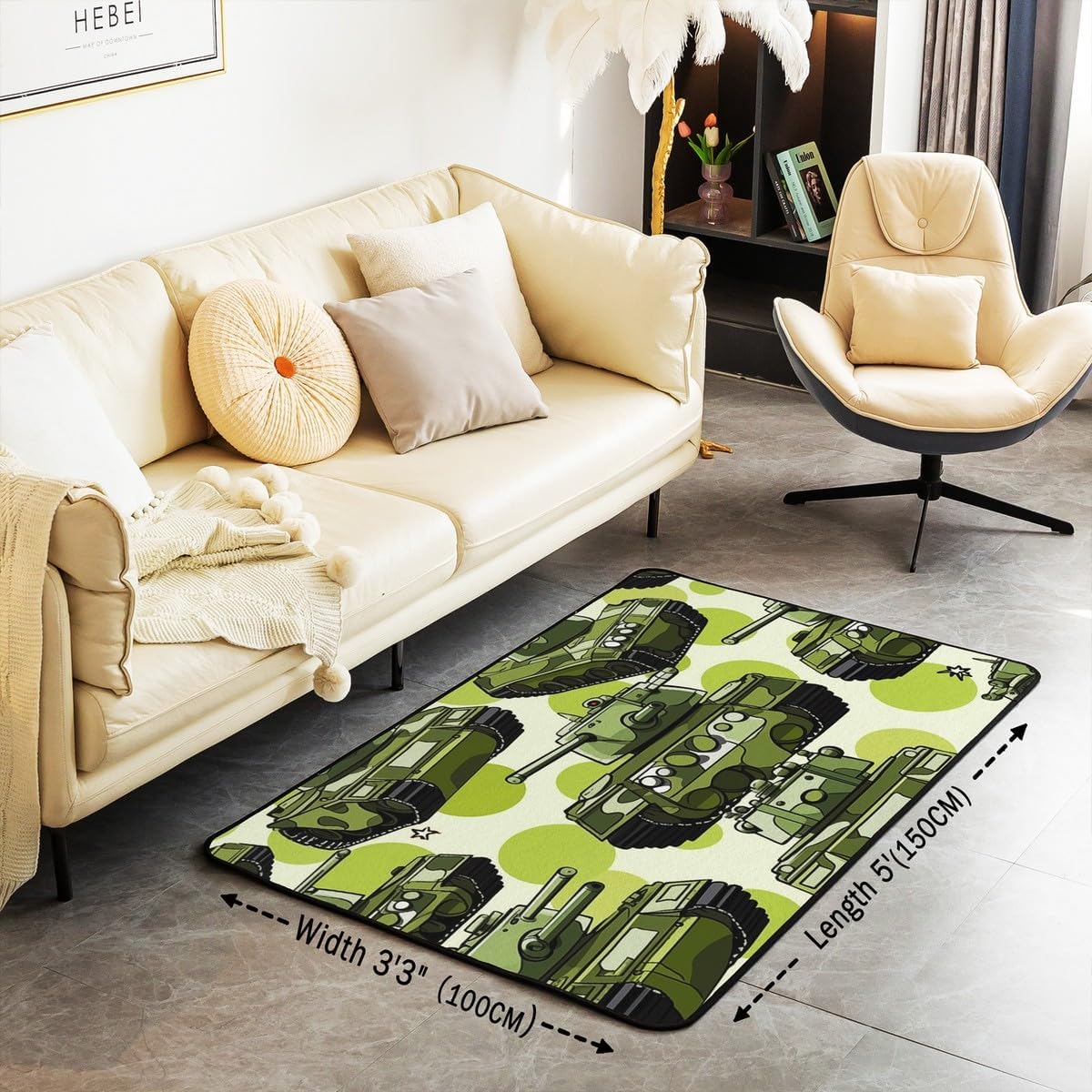 Castle Fairy Cartoon Tank Area Rug 3x5 Green Army Camo Cars Decorative Rug for Kids Teens Adults American Tank Soldier Rugs for Living Room Bedroom Transport Equipment Decorative Rug