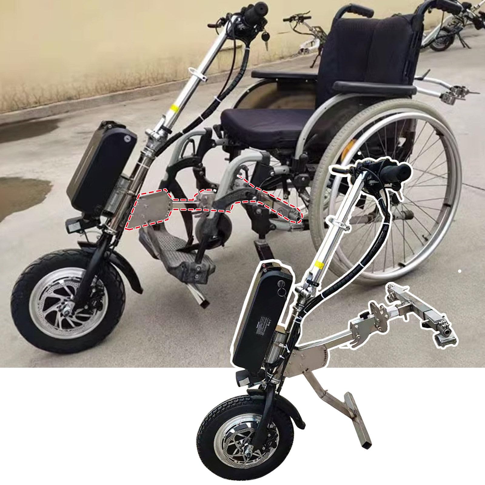 Dispositivo de tracción de silla de ruedas de 500 W, bicicleta de mano eléctrica Accesorio de silla de ruedas (manual→eléctrica) / Rango de crucero: 85 km, 3 velocidades/con luz delantera