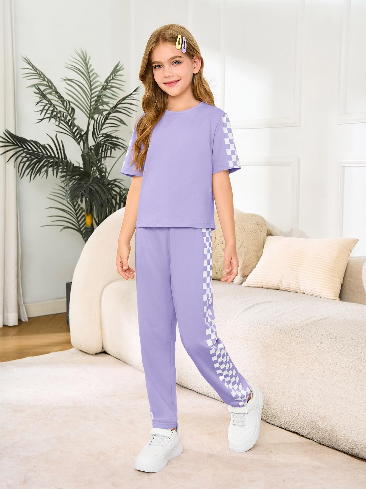 Haloumoning Conjunto de 2 piezas para niñas de verano a cuadros de manga corta y pantalones, conjunto de ropa de moda