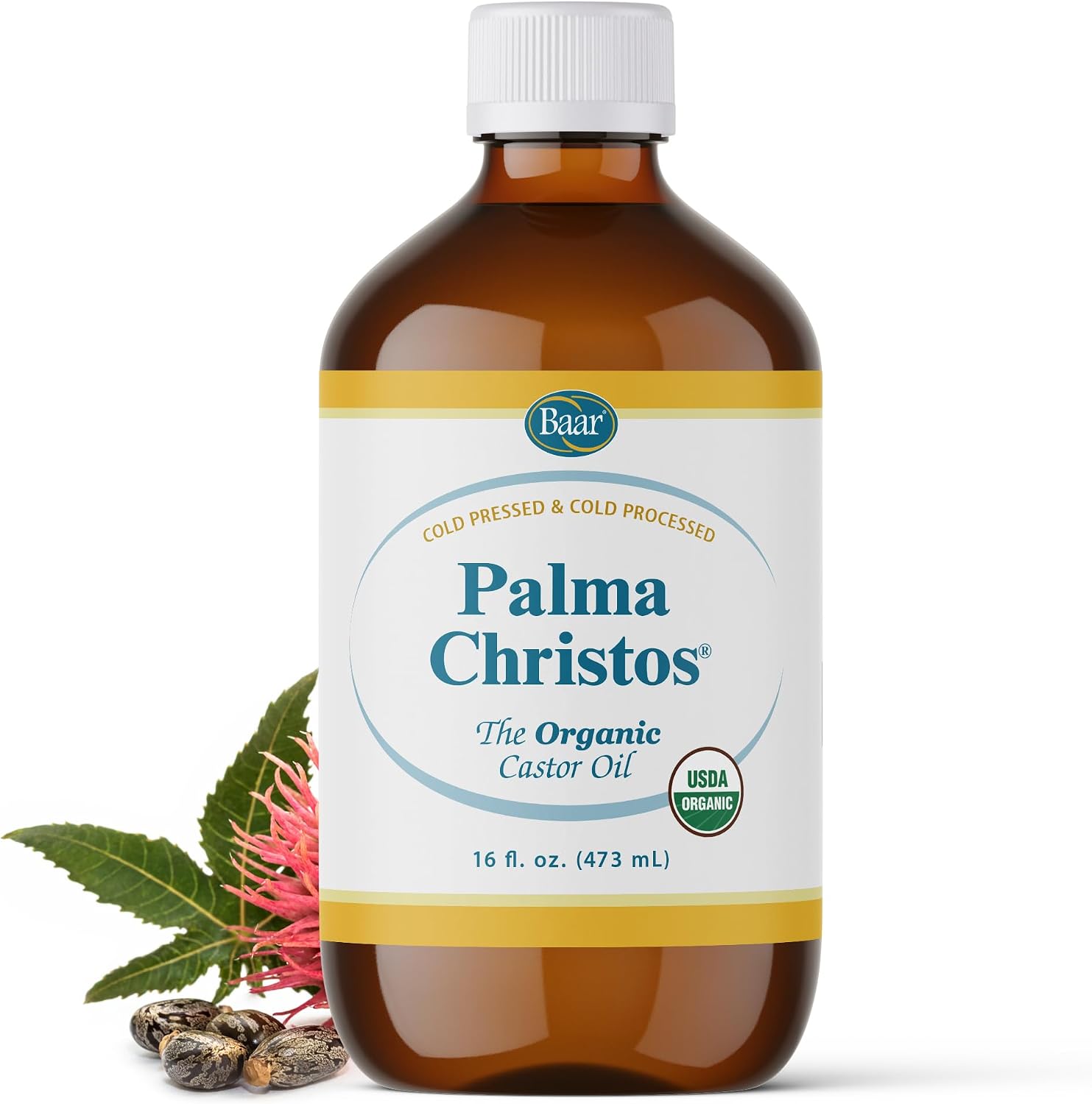 Organic Castor Oil, Amber Glass Bottle, Cold-Pressed, Hexane-Free, for Skin, Hair, Eyelashes, Brows, Scalp, Massage & Castor Oil Packs, 16 oz