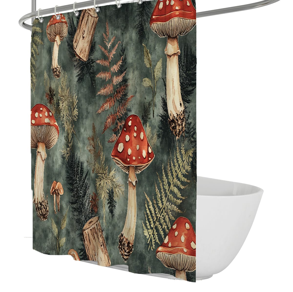 OLLIAR Home Vintage Mushroom Shower Curtain Forest Botanical Plant Waterproof Polyester Bath Curtain Nature Cottagecore Bathroom Decor Set with Hooks 150x180cm