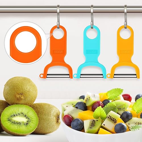 Miniatura 7 de Pelador de verduras original, peladores de patatas para cocina, hoja de acero al carbono, paquete de 3 unidades, naranjaazulamarillo